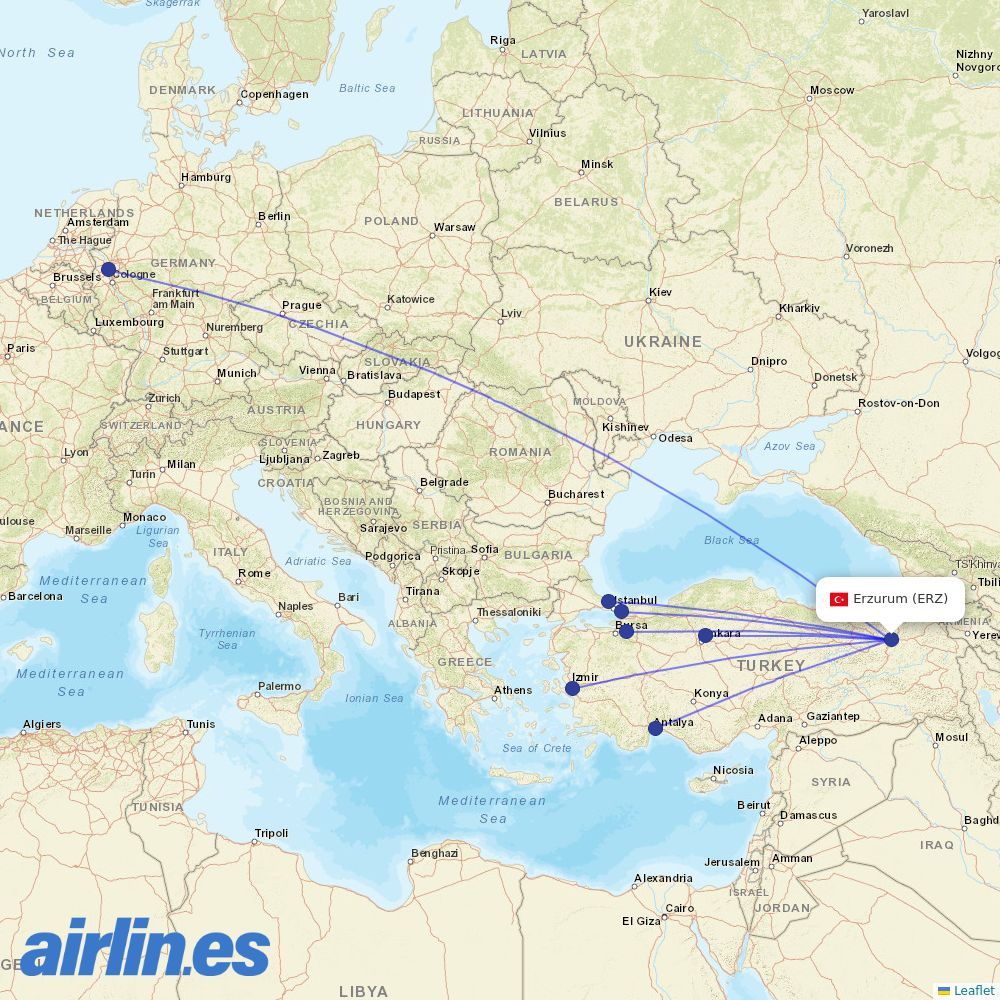Turkish Airlines from Erzurum destination map