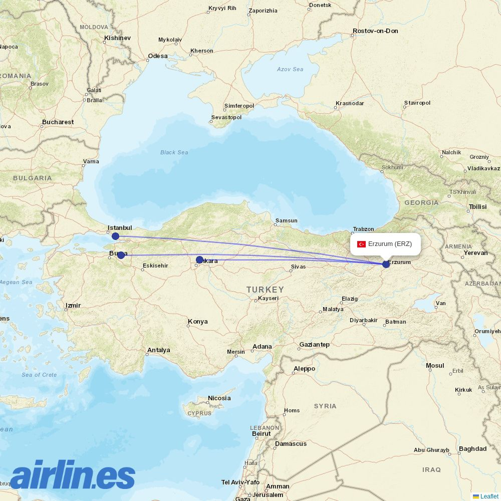AJet from Erzurum destination map