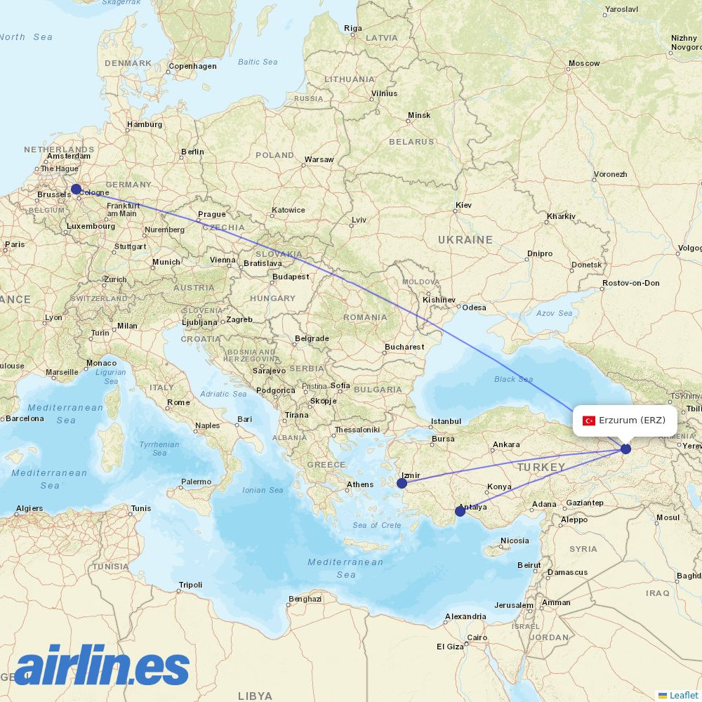 SunExpress from Erzurum destination map