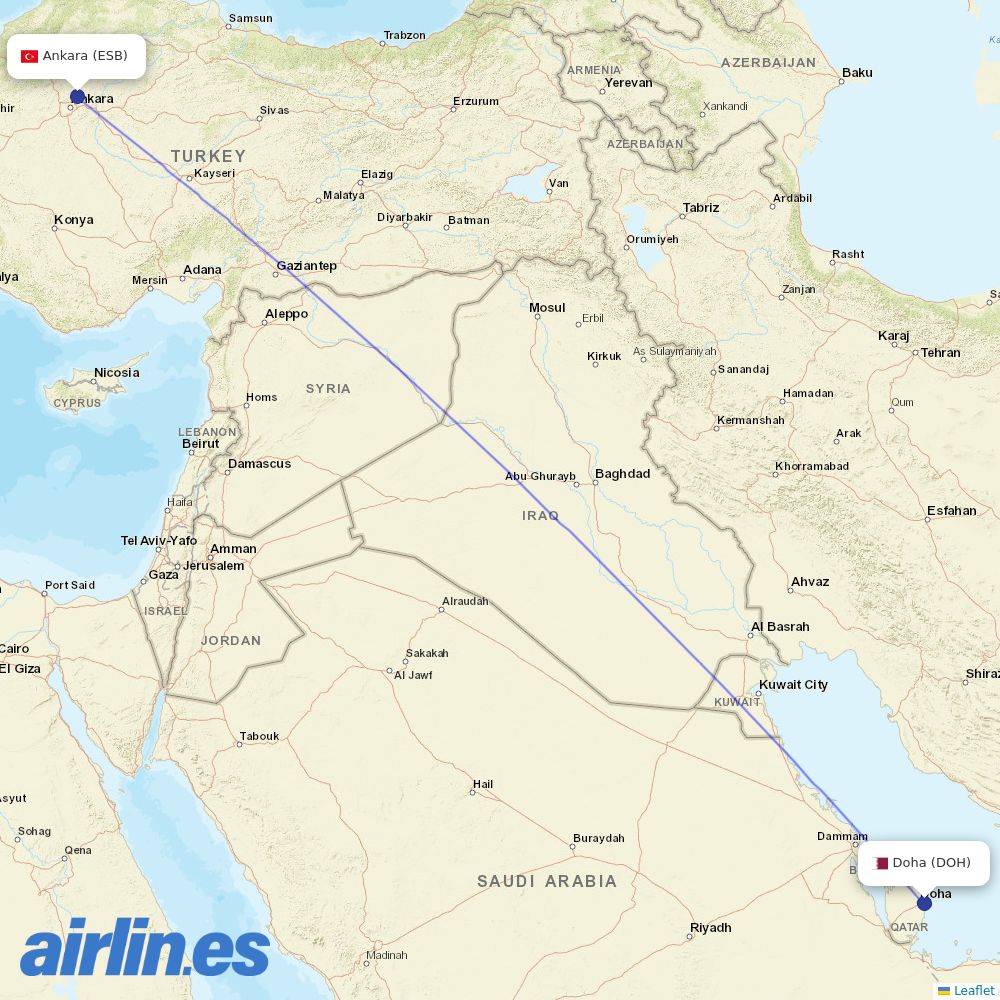 Qatar Airways from Ankara Esenboğa Airport destination map