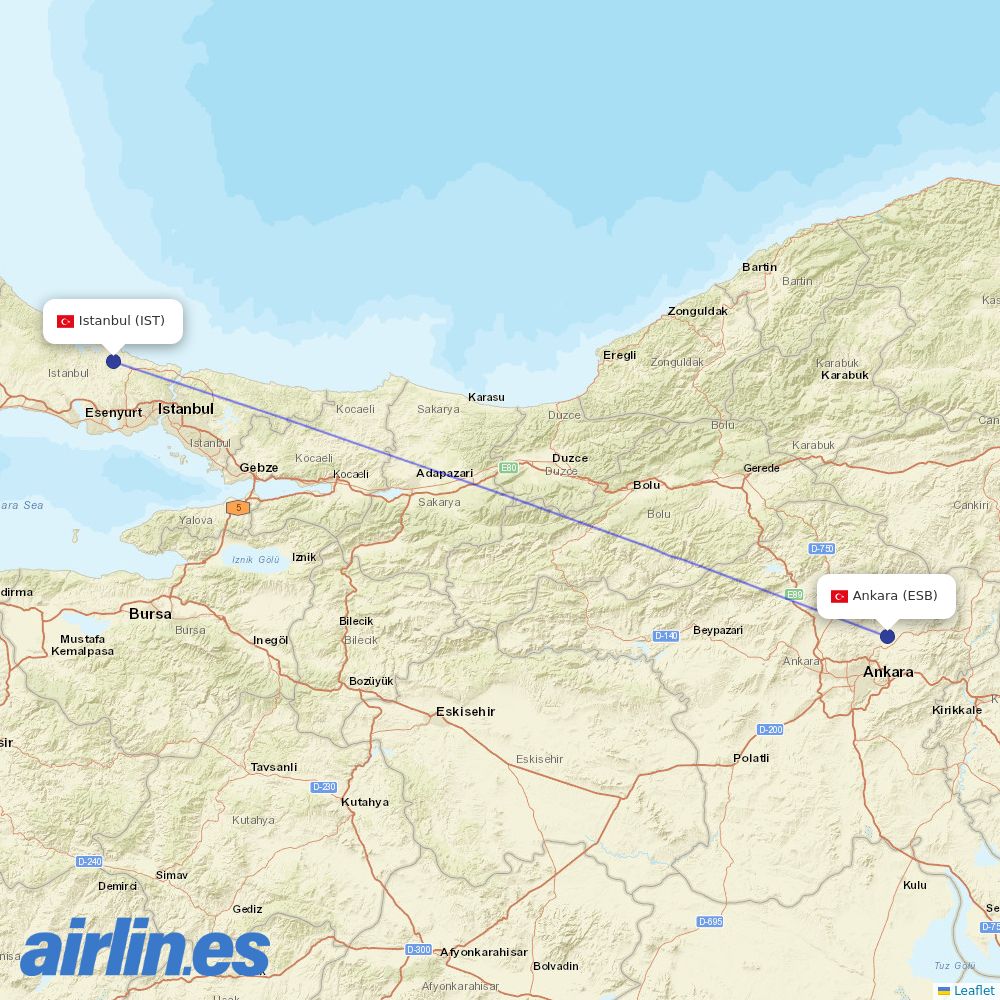 Turkish Airlines at ESB route map