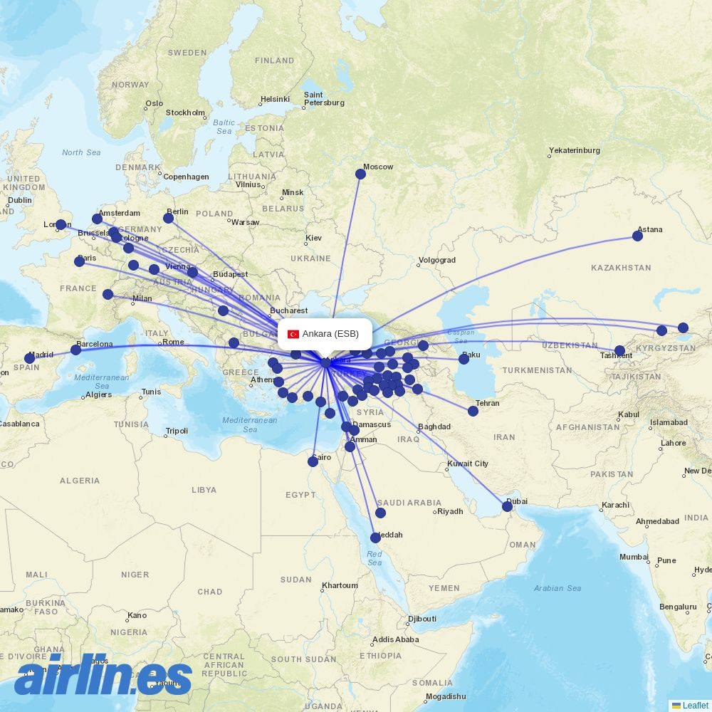 AJet from Ankara Esenboğa Airport destination map