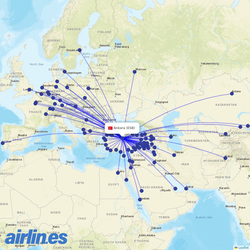 Mahan Air at ESB route map