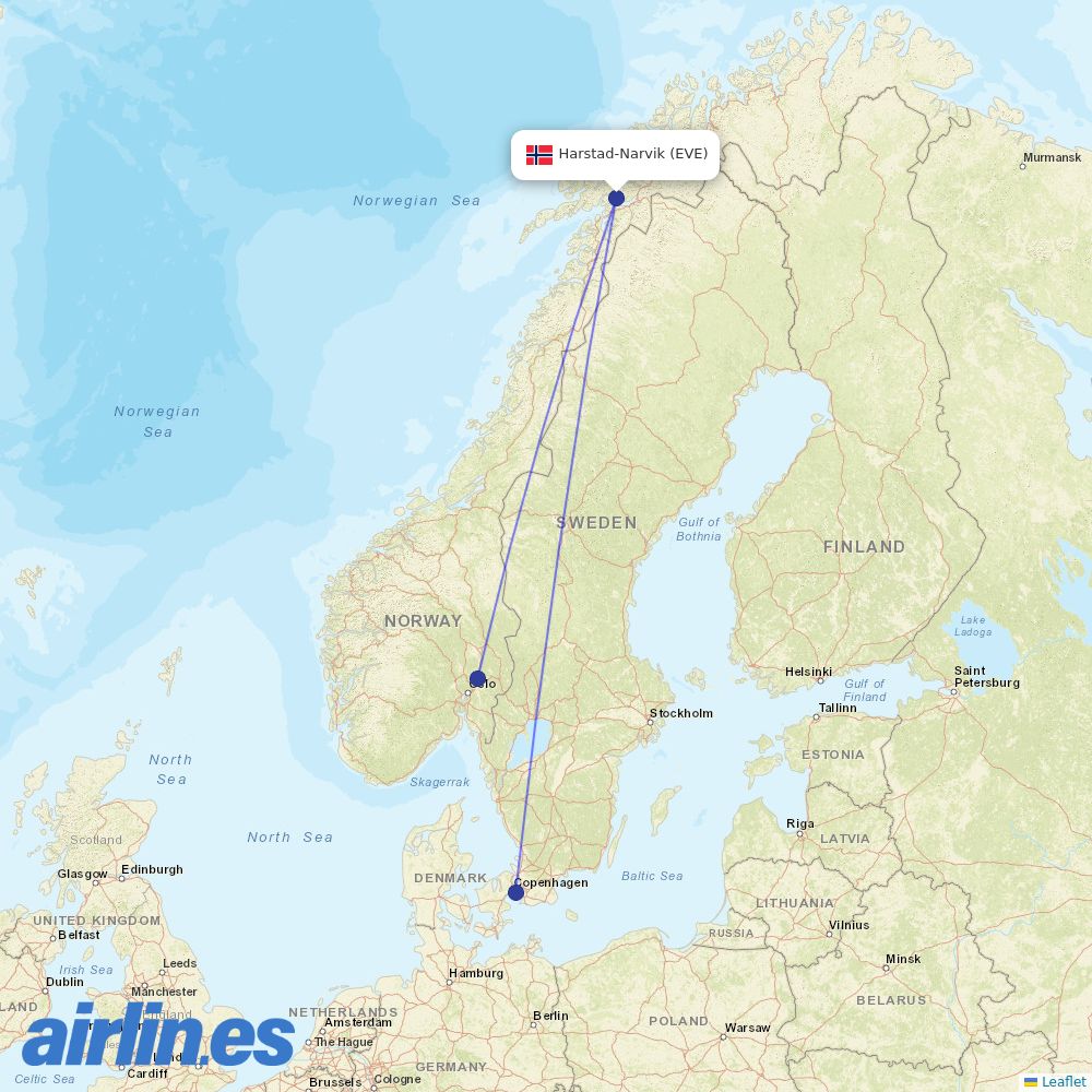 Scandinavian Airlines from Harstad-Narvik destination map