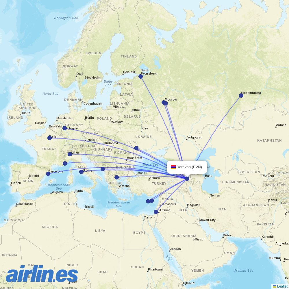 FlyOne Armenia from Zvartnots International Airport destination map