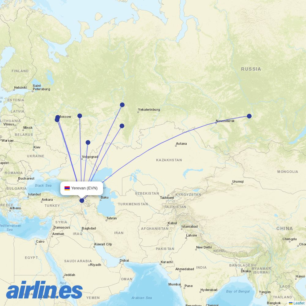 Shirak Avia from Zvartnots International Airport destination map