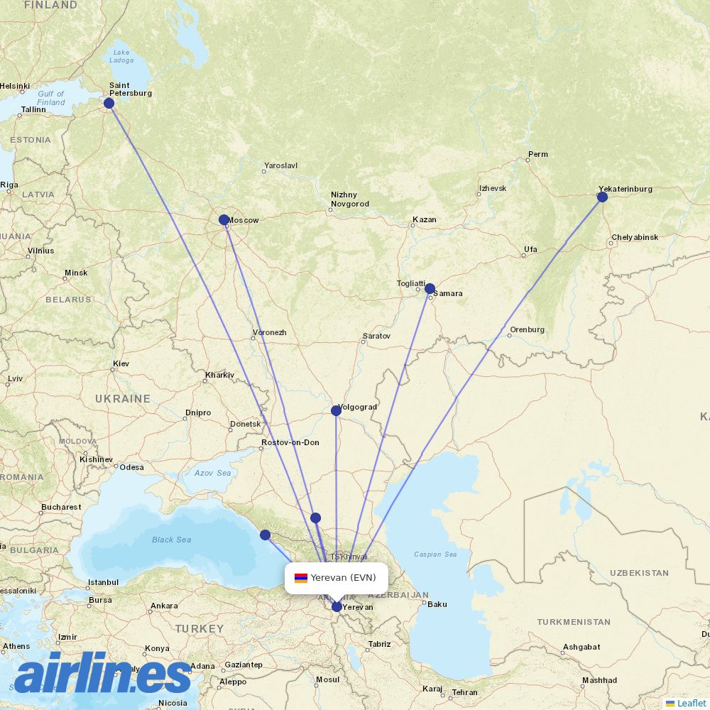 Aeroflot from Zvartnots International Airport destination map