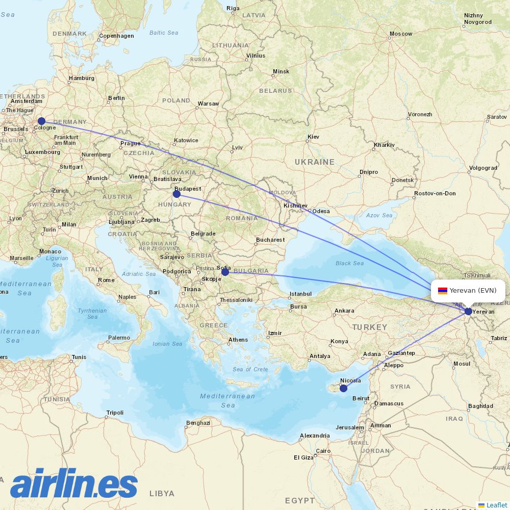 Wizz Air from Zvartnots International Airport destination map