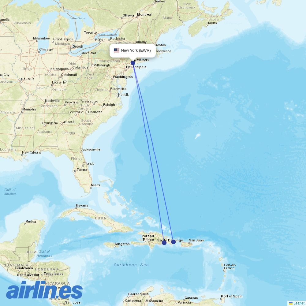 Arajet at EWR route map