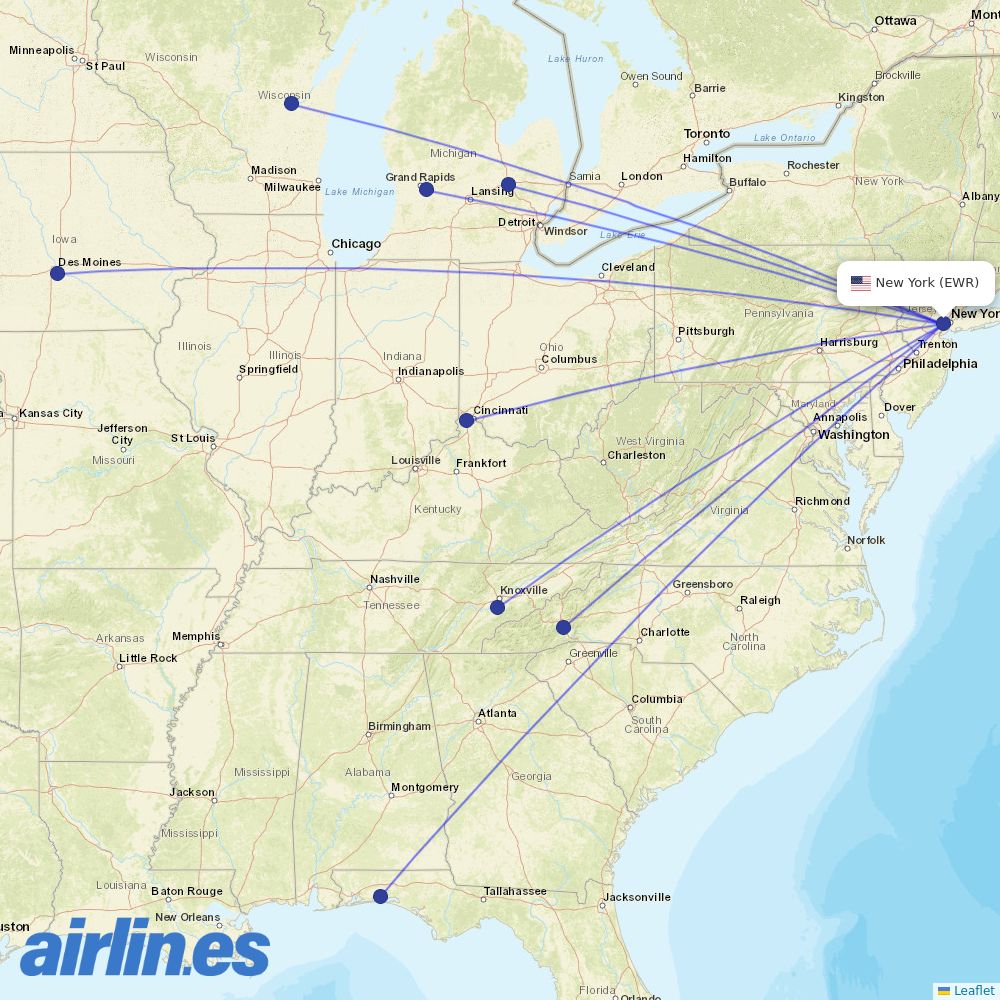 Allegiant Air from Newark Liberty International destination map