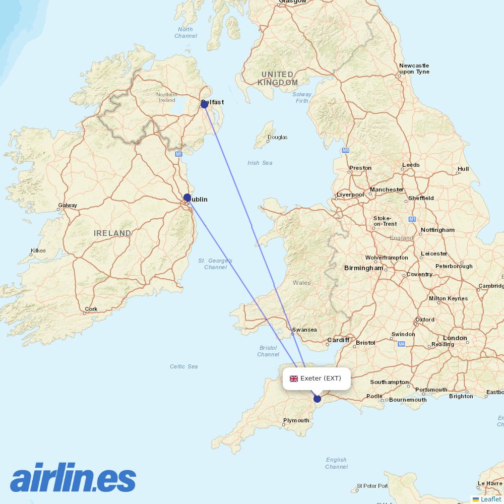 Aer Lingus from Exeter destination map