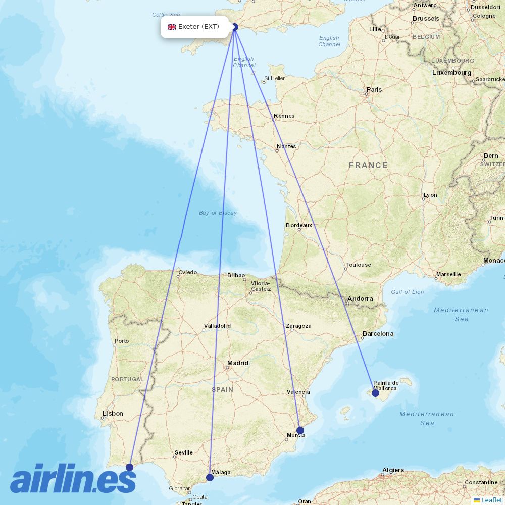 Ryanair from Exeter destination map