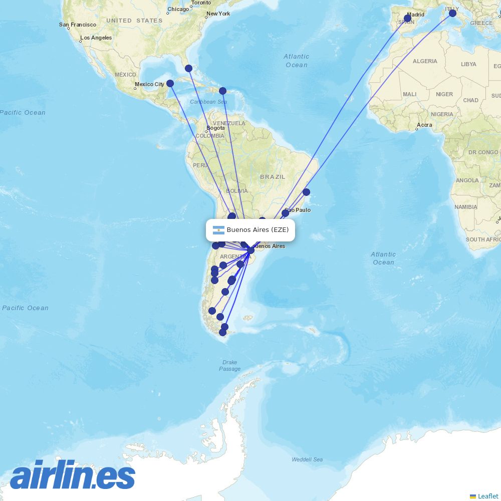 Aerolineas Argentinas from Ministro Pistarini International Airport destination map