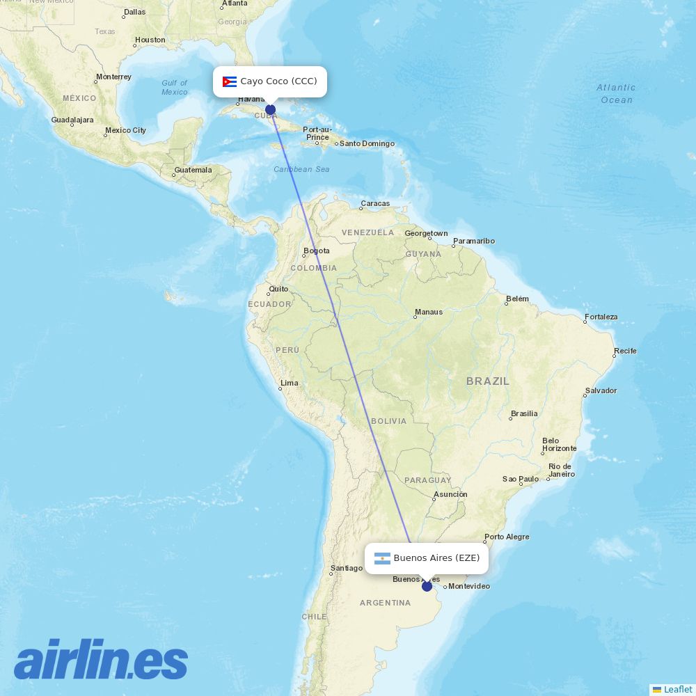 Cubana de Aviacion from Ministro Pistarini International Airport destination map