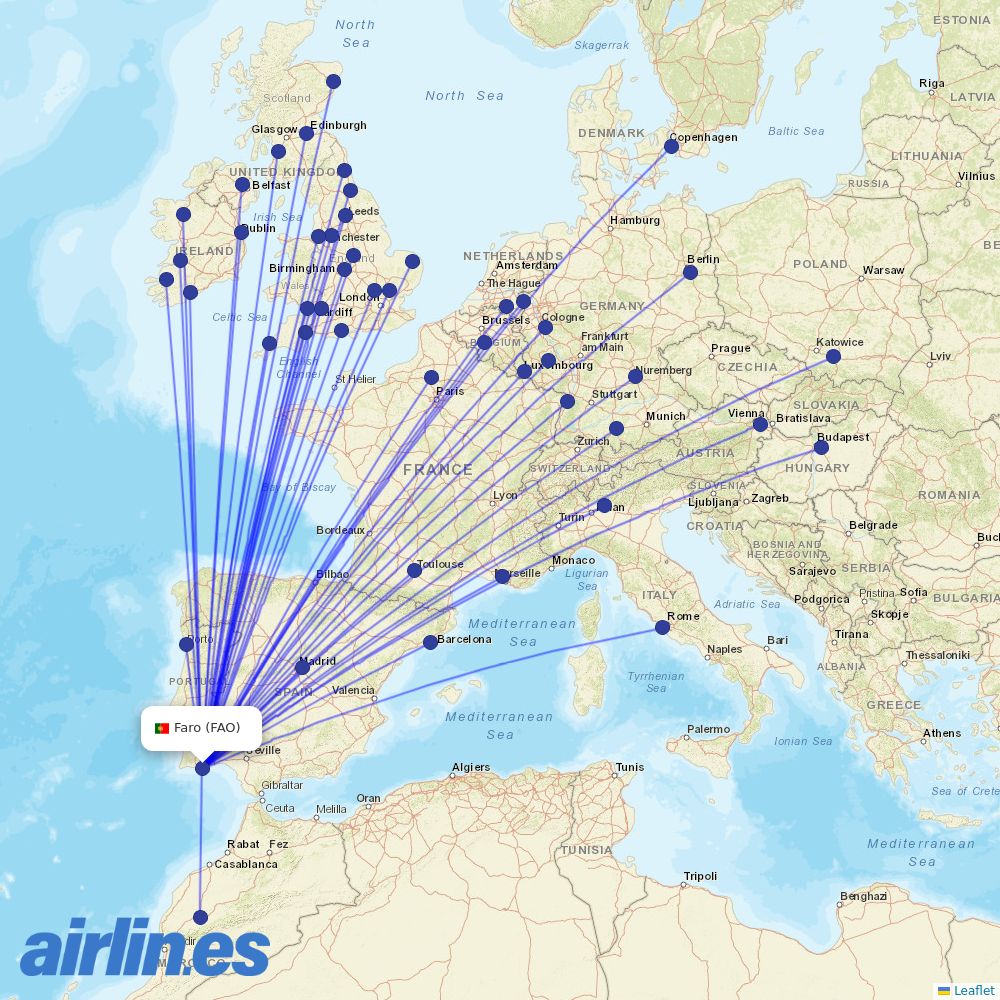 Ryanair from Faro Airport destination map
