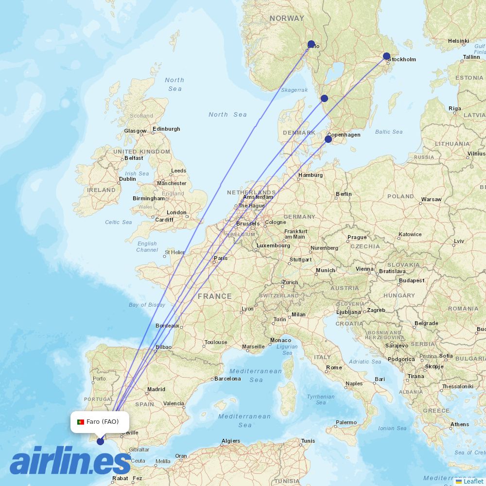 Scandinavian Airlines from Faro Airport destination map