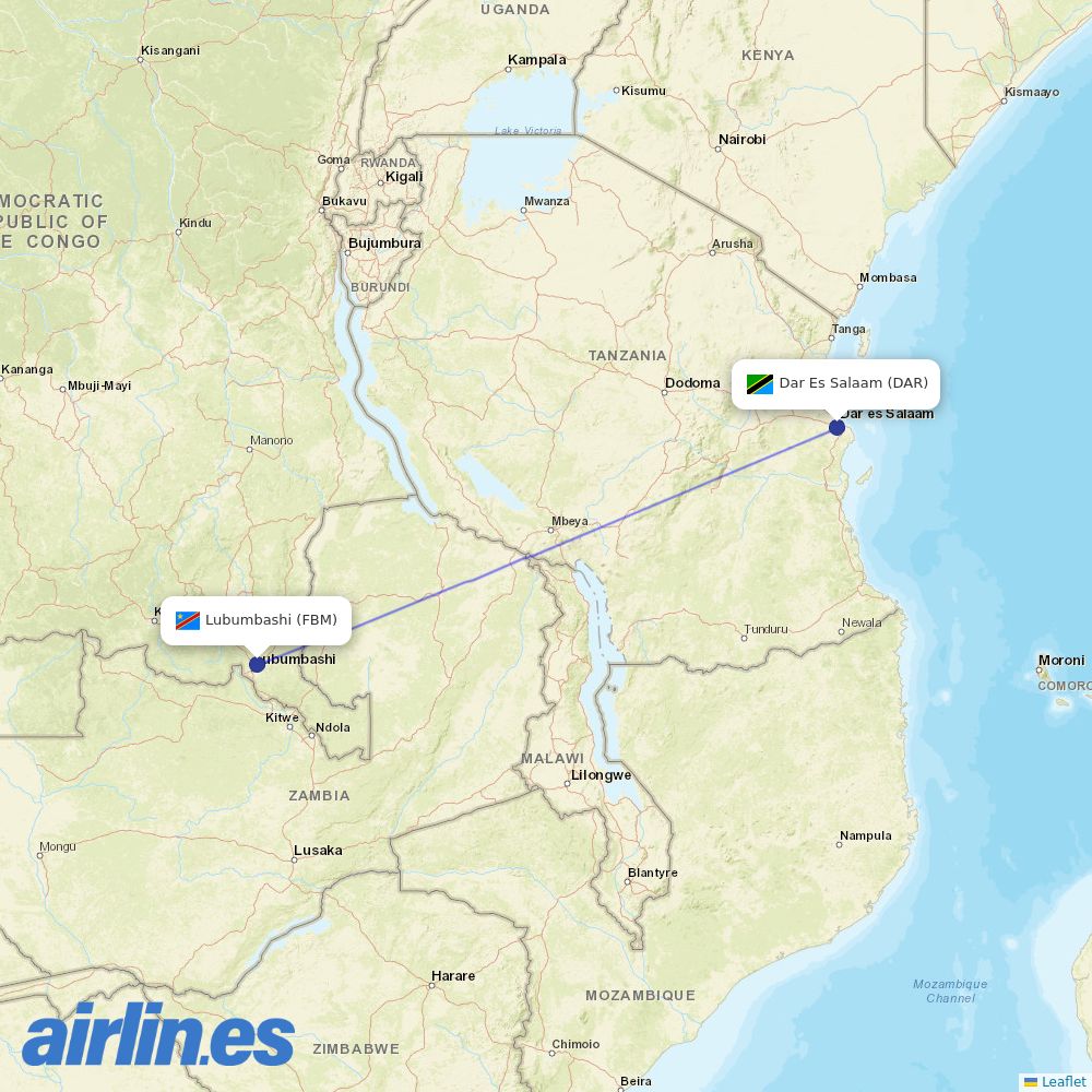 Air Tanzania from Lubumbashi International destination map