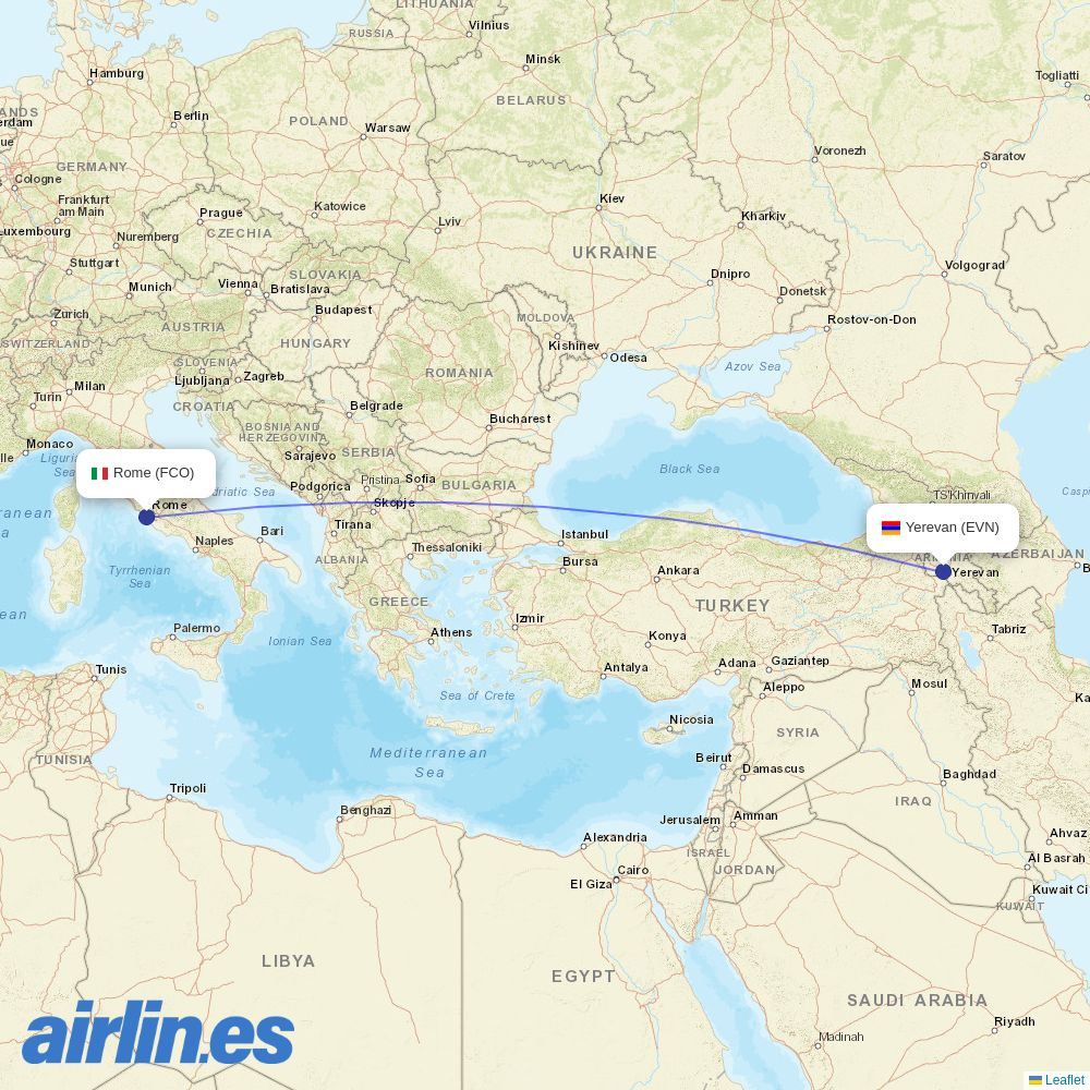 FlyOne Armenia from Fiumicino destination map
