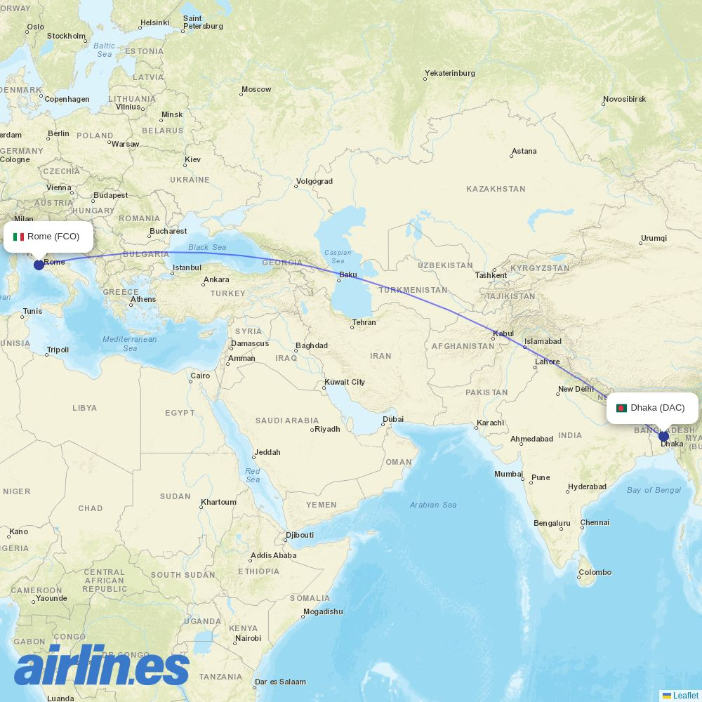 Biman Bangladesh Airlines from Fiumicino destination map