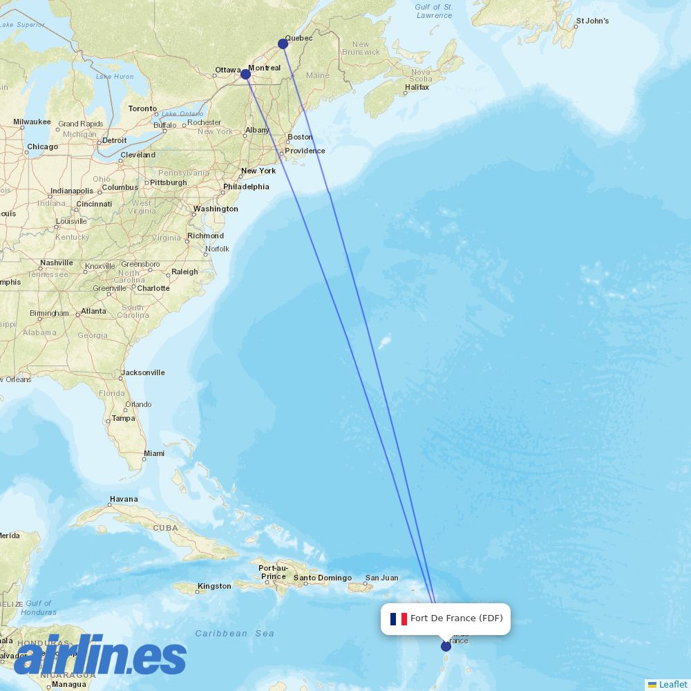 Air Transat from Le Lamentin destination map