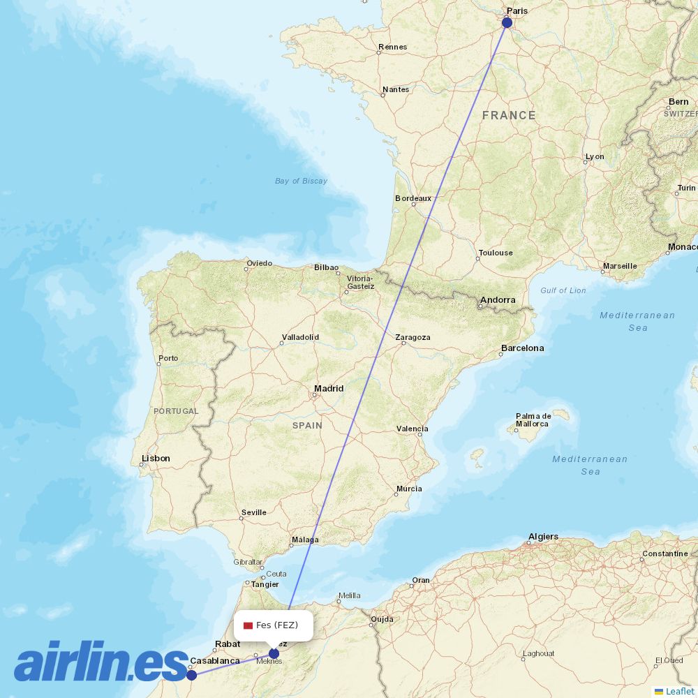 Royal Air Maroc from Saiss destination map