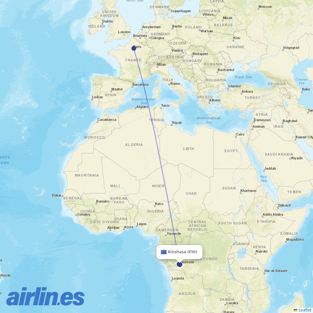 Air France from Kinshasa Ndjili International destination map