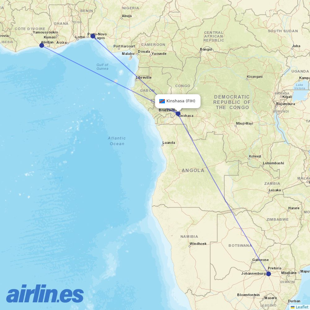 Air Cote DIvoire from Kinshasa Ndjili International destination map