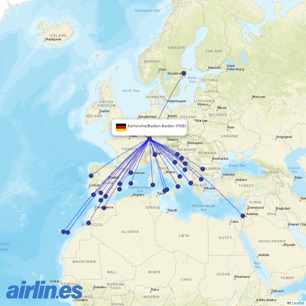 Ryanair from Karlsruhe/Badern Baden destination map