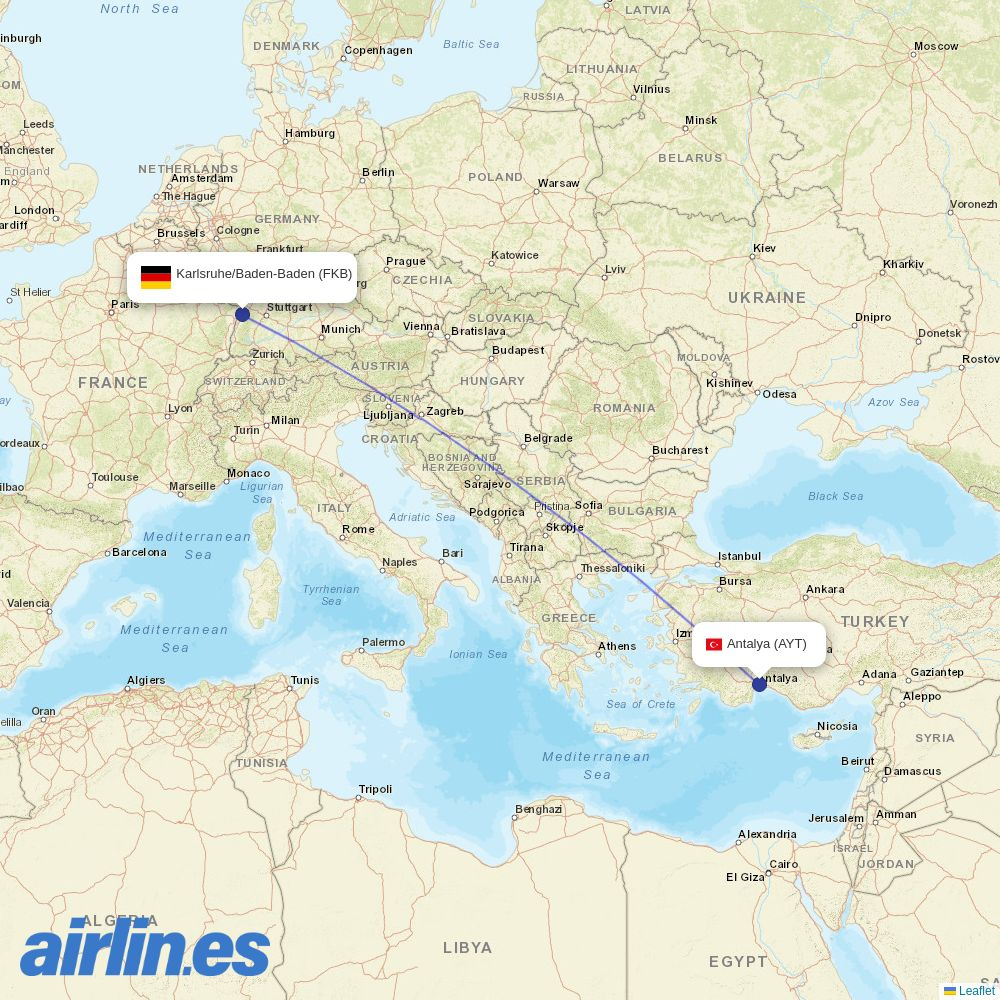 Corendon Airlines from Karlsruhe/Badern Baden destination map