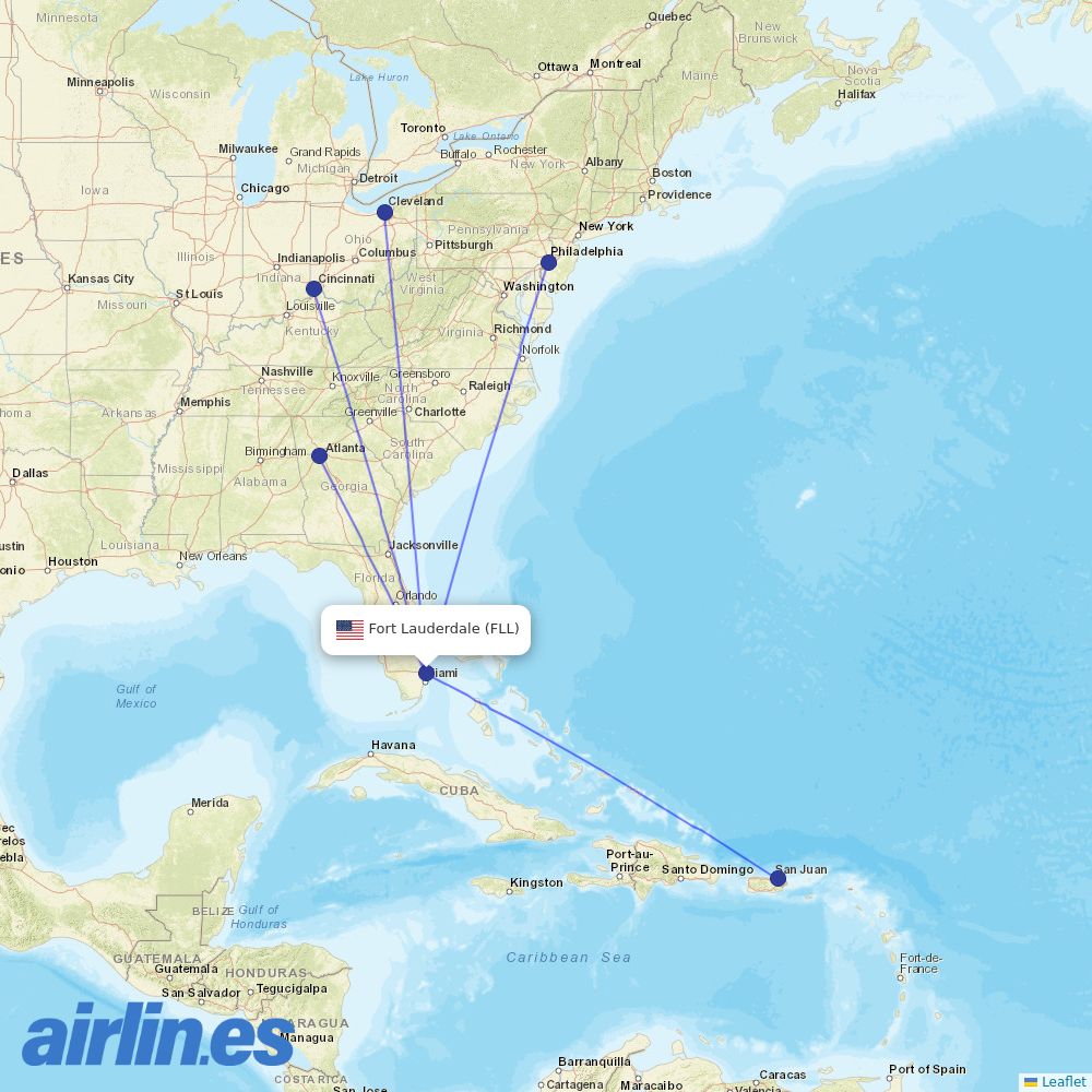 Frontier Airlines from Fort Lauderdale Hollywood International destination map