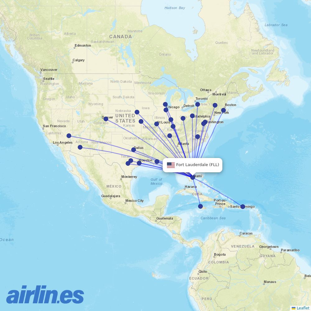 Southwest Airlines from Fort Lauderdale Hollywood International destination map