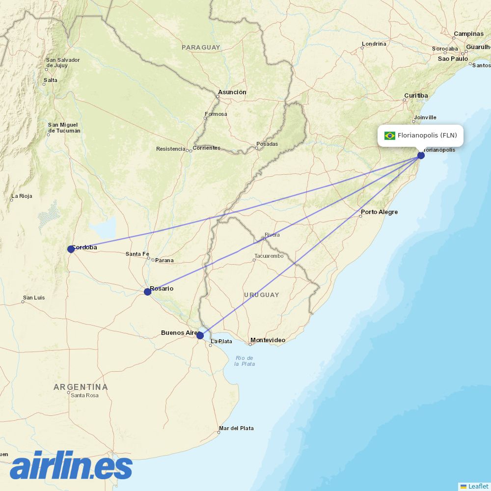 Aerolineas Argentinas from Hercilio Luz destination map