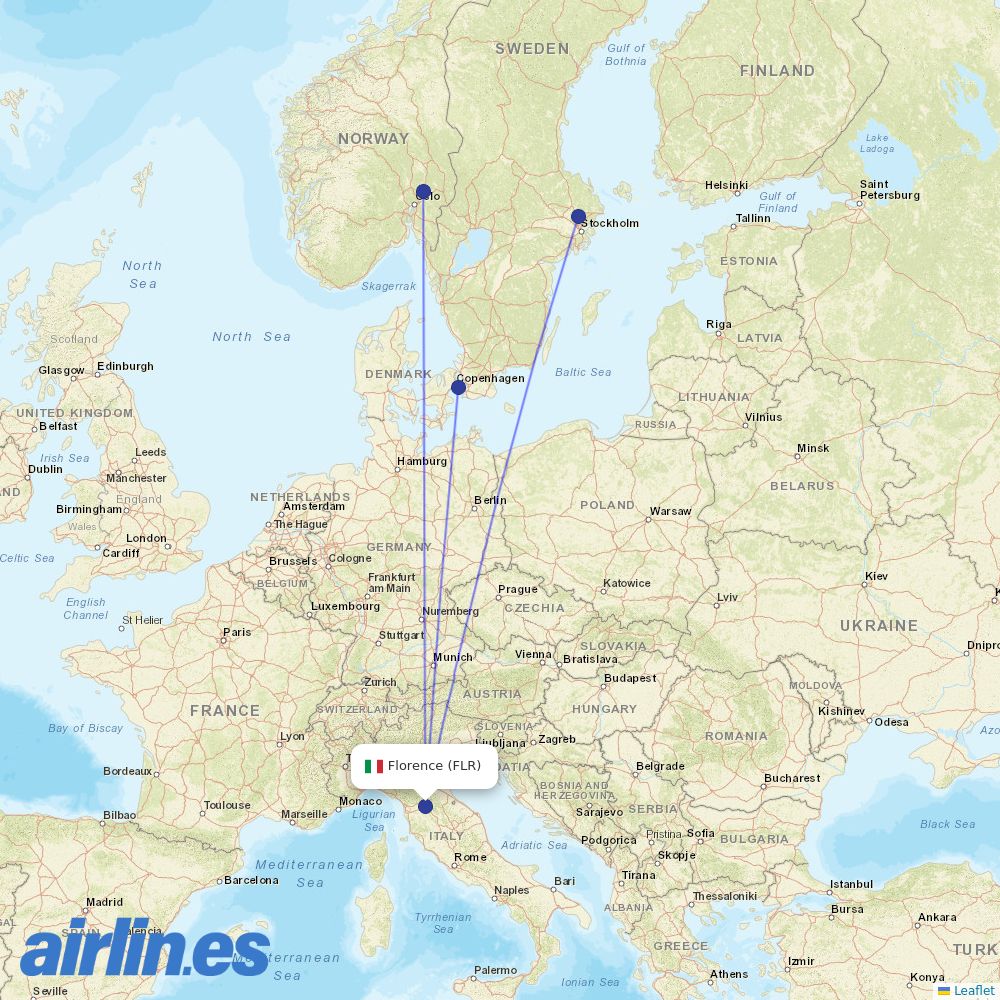Scandinavian Airlines from Peretola destination map
