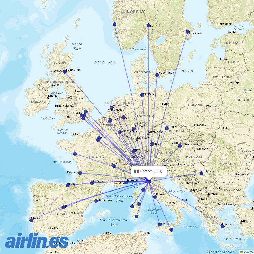 Air Corsica from Peretola destination map