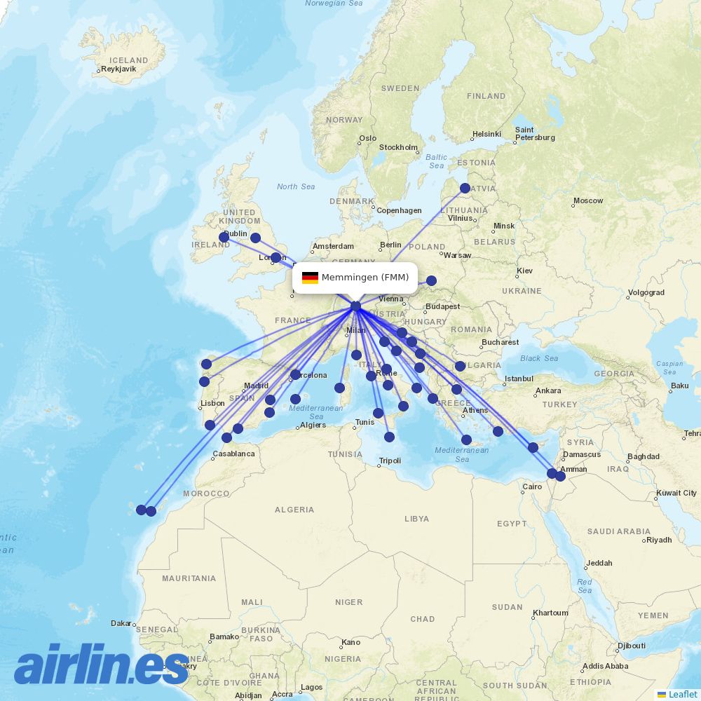 Ryanair from Memmingen Airport destination map