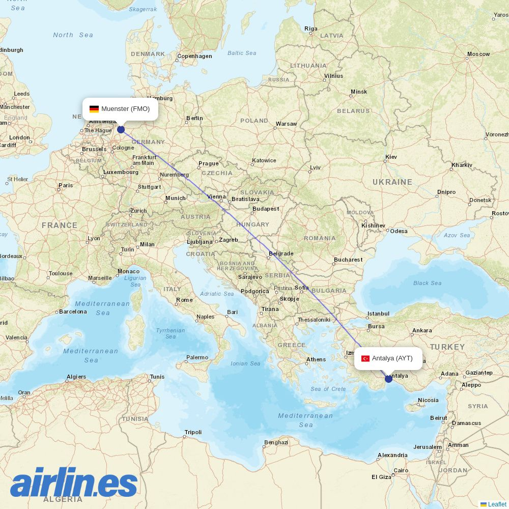 Corendon Airlines from Munster Osnabruck destination map
