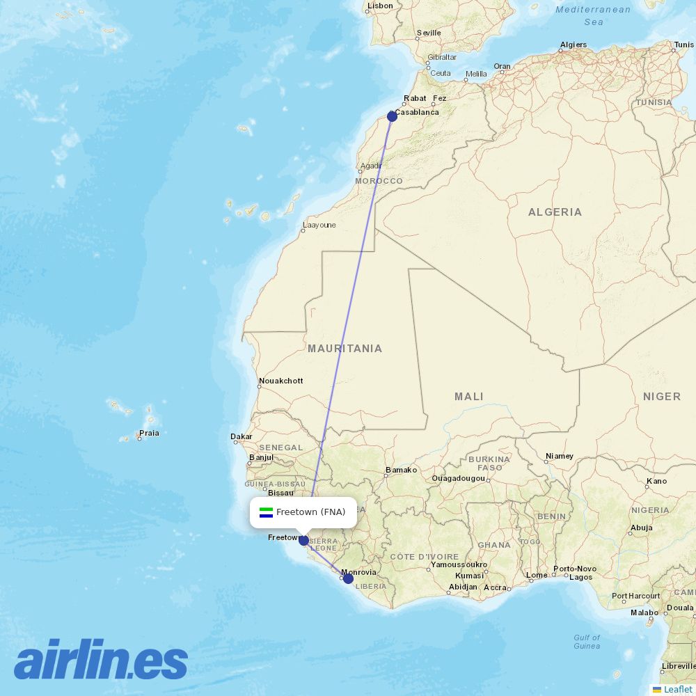 Royal Air Maroc from Freetown Lungi destination map