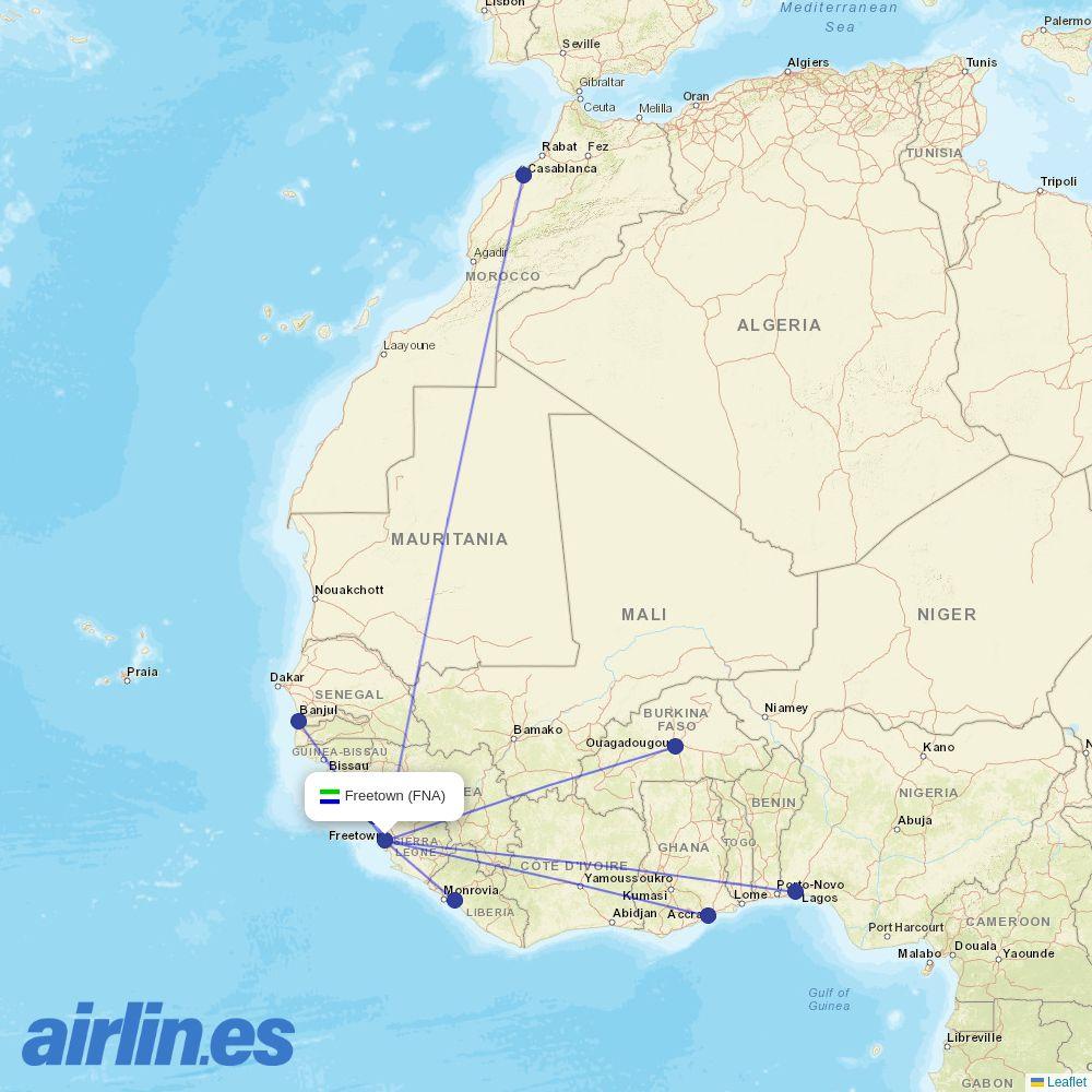 Air Peace from Freetown Lungi destination map