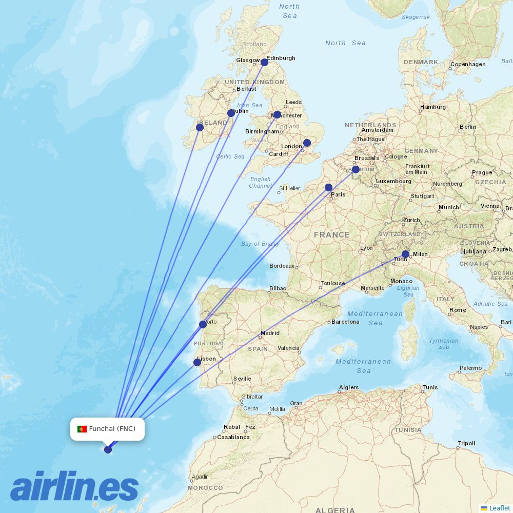 Ryanair from Madeira Airport destination map