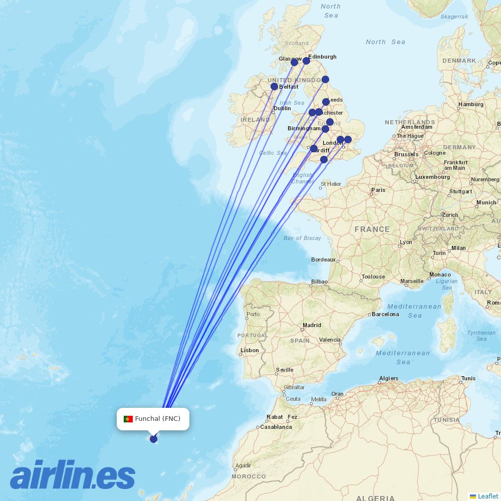 Jet2 from Madeira Airport destination map