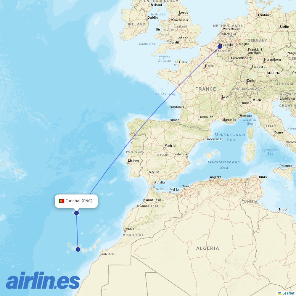 TUI fly Belgium from Madeira Airport destination map