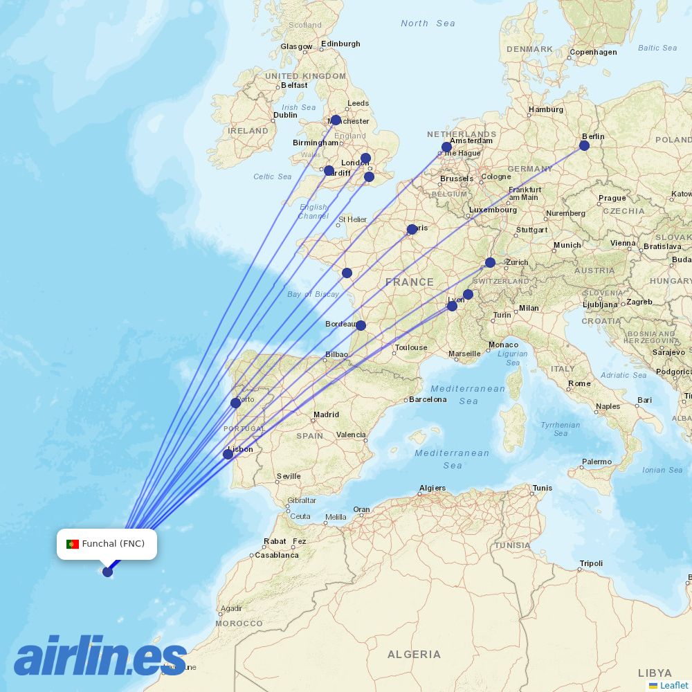 easyJet from Madeira Airport destination map
