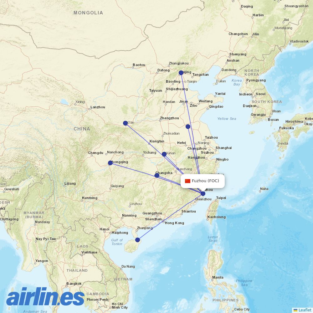 Hainan Airlines from Fuzhou Changle International Airport destination map