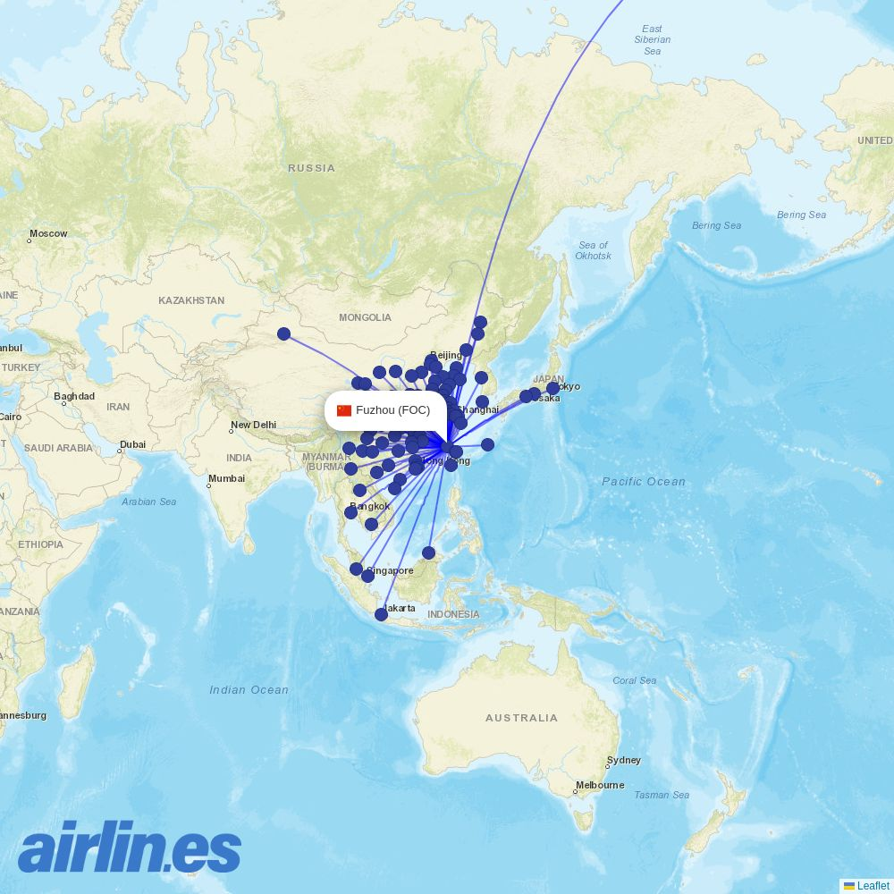Air Cambodia from Fuzhou Changle International Airport destination map