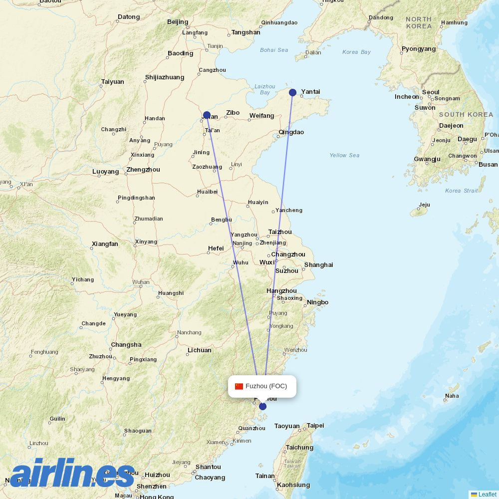 Qingdao Airlines from Fuzhou Changle International Airport destination map