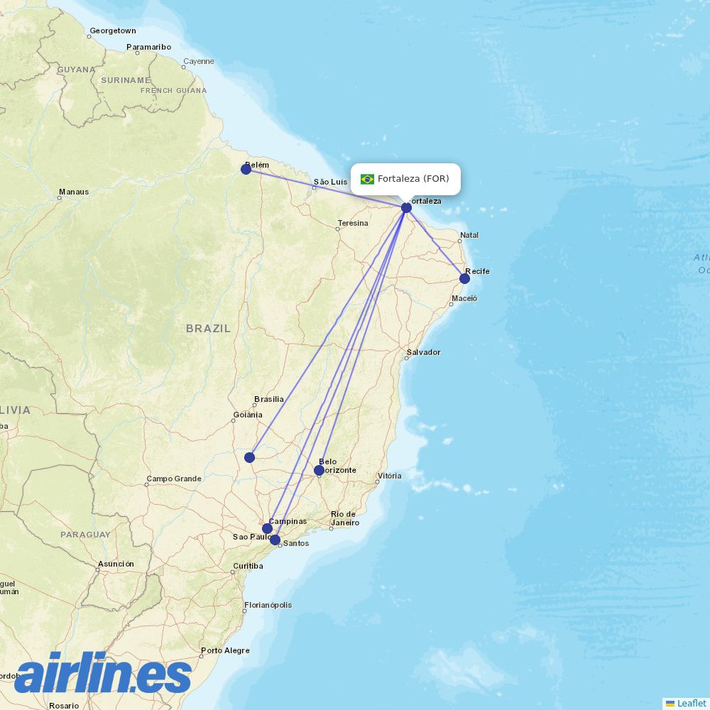 Azul from Fortaleza destination map