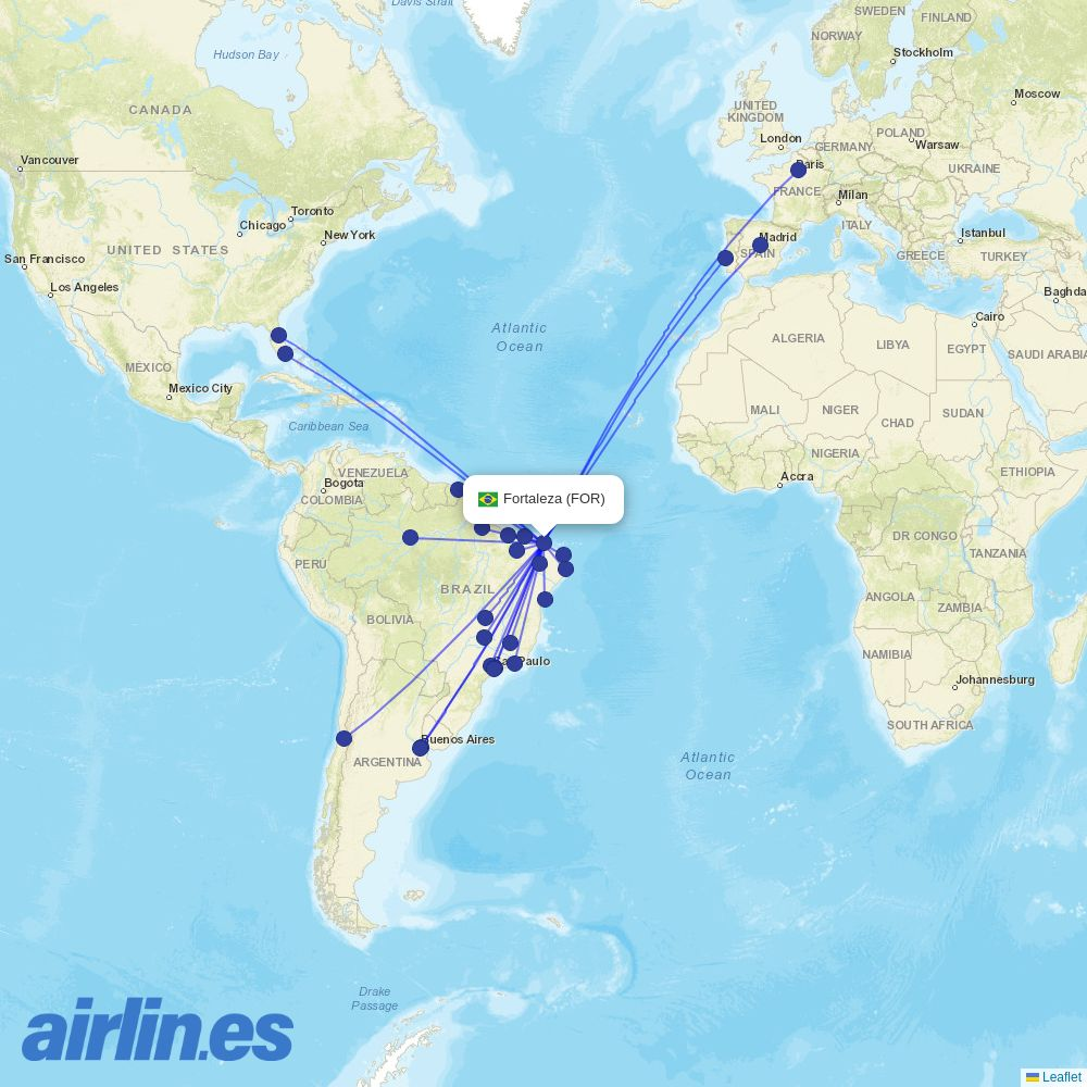 Iberia from Fortaleza destination map