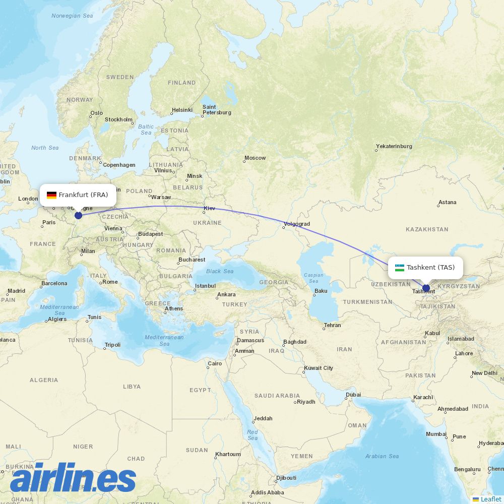 Uzbekistan Airways from Frankfurt Airport destination map