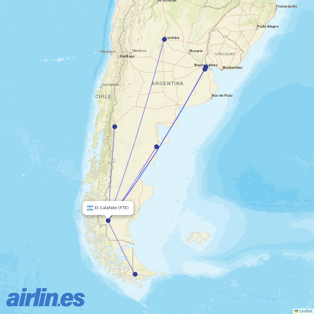 Aerolineas Argentinas from El Calafate destination map