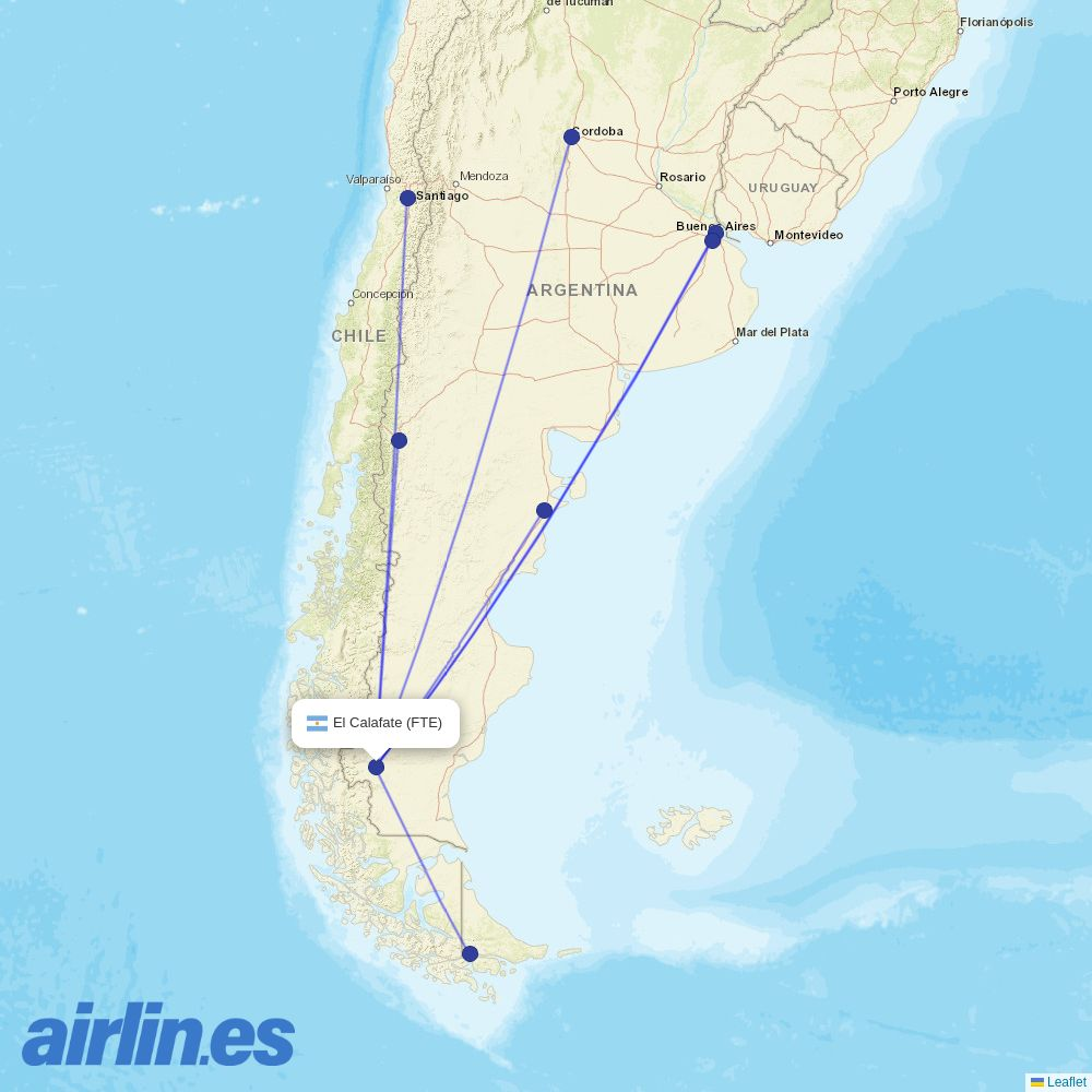 JetSMART from El Calafate destination map
